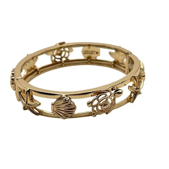 Monet Gold Tone Sea Life Bangle Bracelet Starfish Turtle Shell Elastic Nautical - Picture 1 of 6